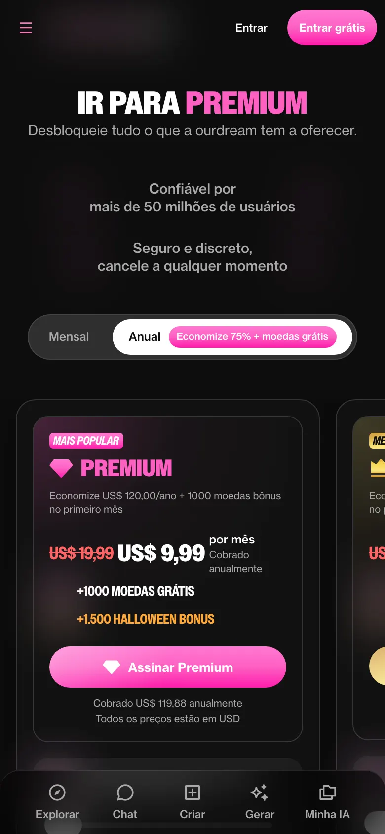 Página de planos do ourdream.ai no celular: Premium anual a US$ 9,99 por mês, cobrado US$ 119,88 por ano