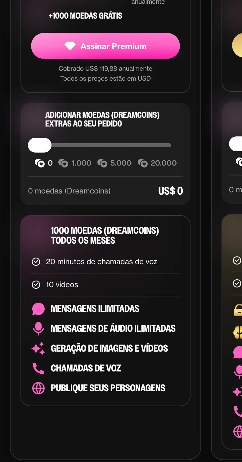 Lista do plano Premium no ourdream.ai: 1000 moedas todos os meses, 20 minutos de chamadas de voz, 10 vídeos, mensagens ilimitadas