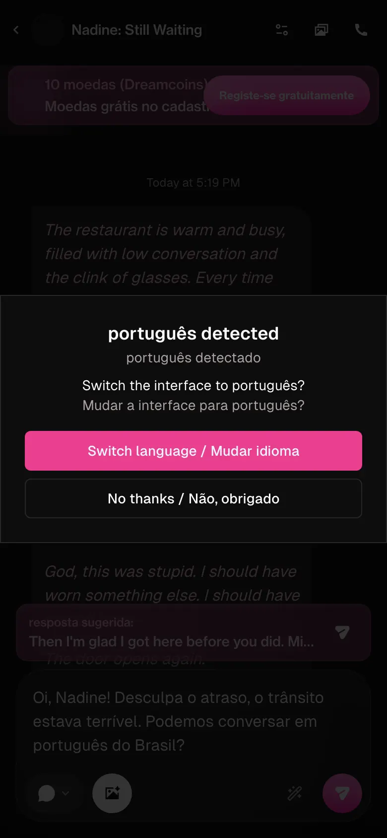 Janela do ourdream.ai: português detectado, mudar a interface para português?